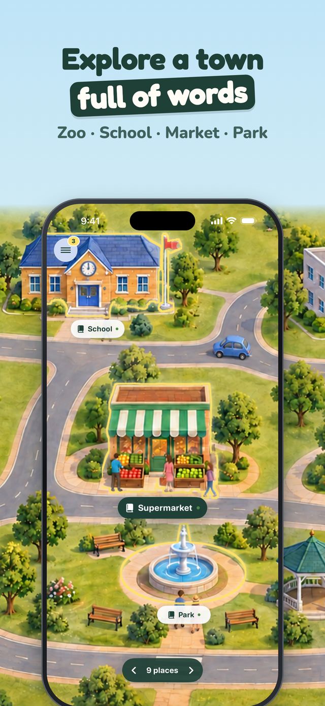 Wordventure town map showing the school, the supermarket and the park