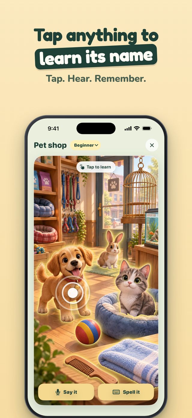 Pet shop scene in Wordventure with a puppy, kitten and rabbit, and Say it and Spell it buttons below