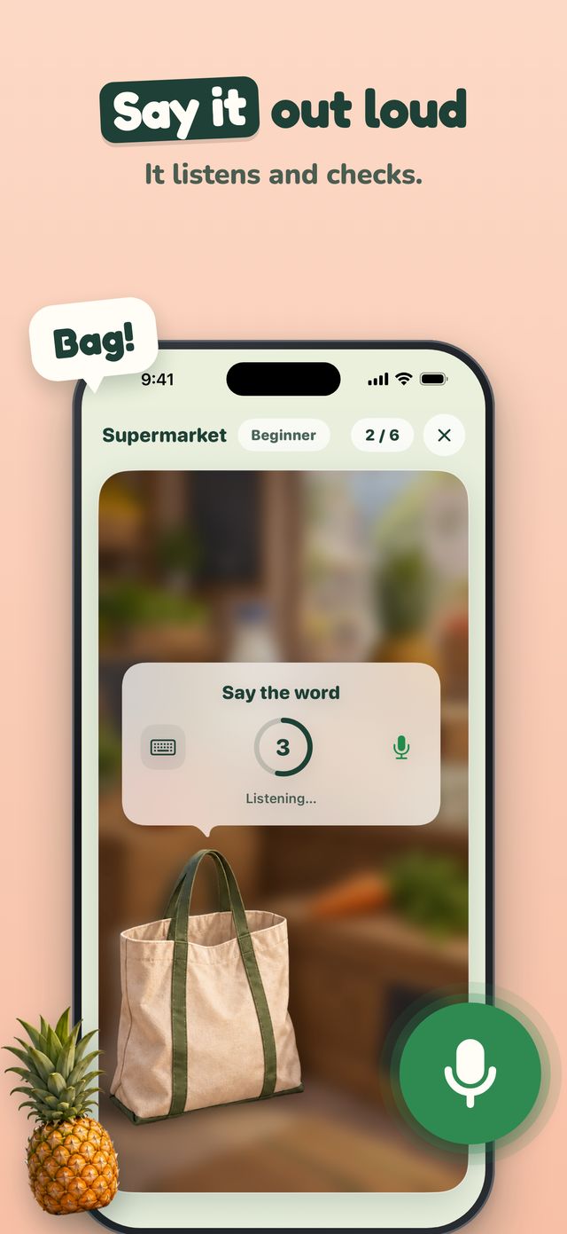 Supermarket round asking the child to say the word for a shopping bag, with a listening countdown