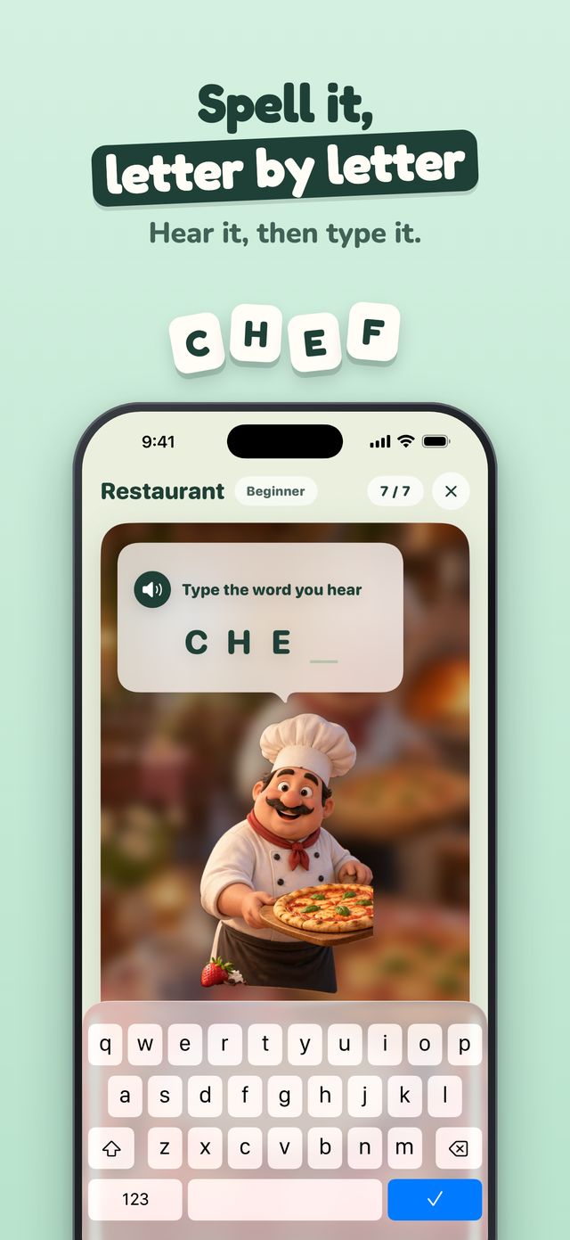 Restaurant round where the child types the word chef letter by letter after hearing it