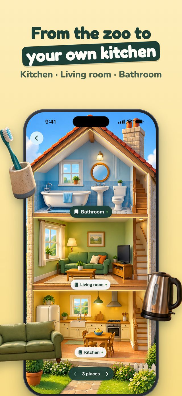 Cut-away house with the bathroom, living room and kitchen as separate scenes