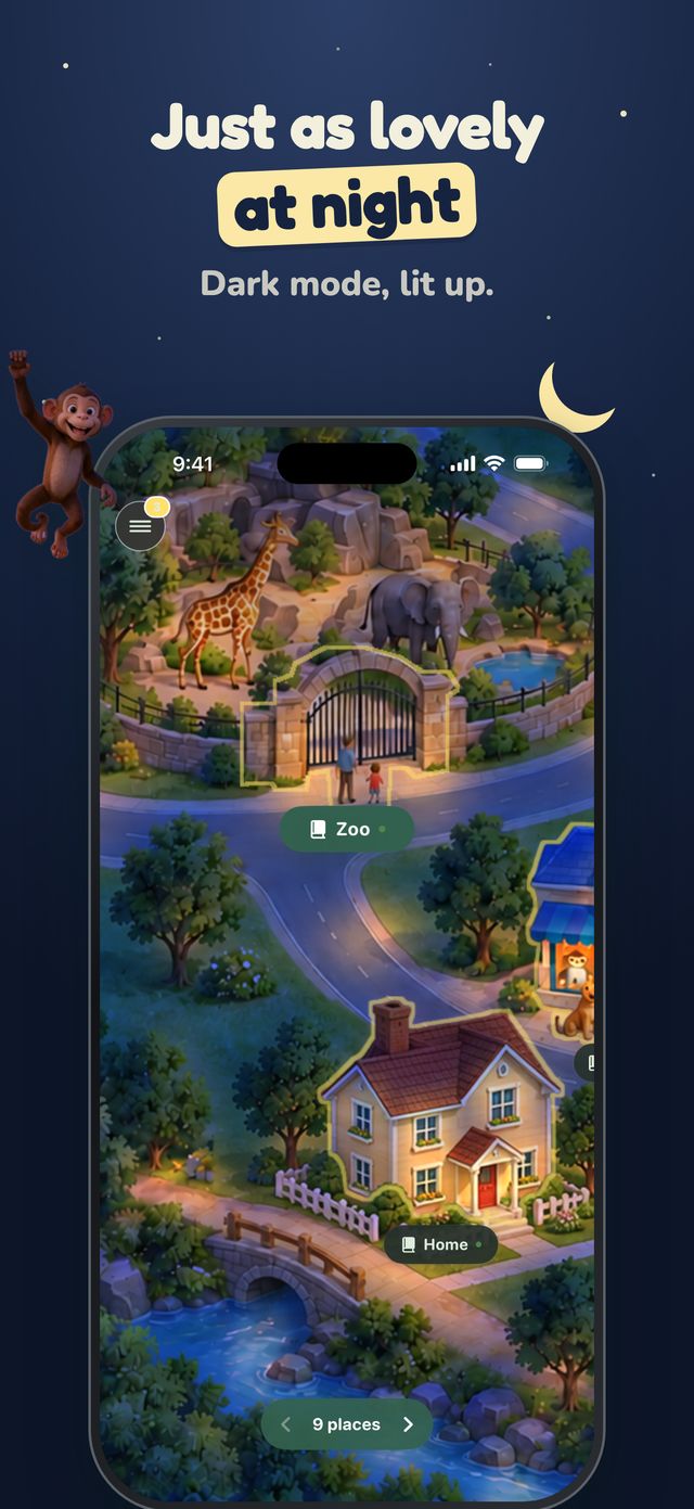 Wordventure town map at night with the zoo, a giraffe and an elephant, and the lit-up home